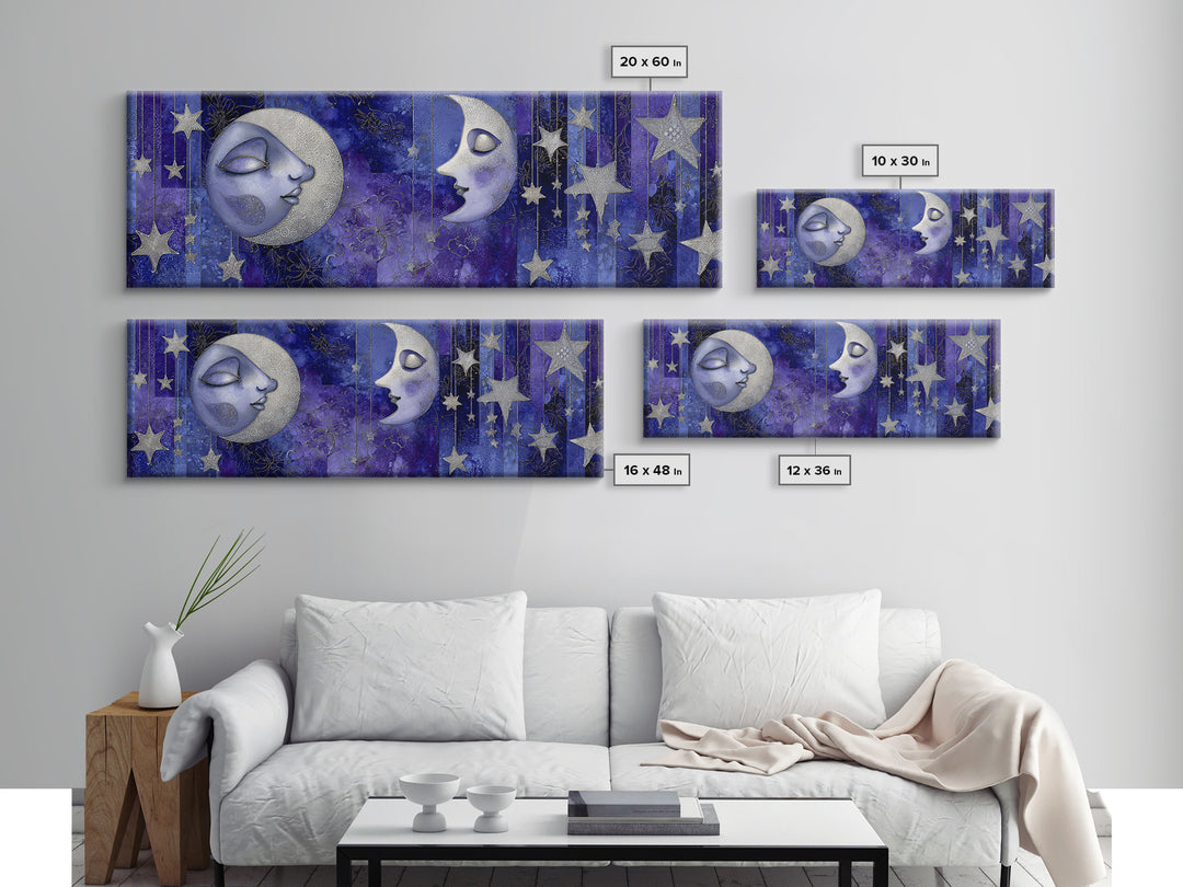 Moon with Sleeping Face and Dangling Stars Framed Canvas Print, Whimsical Art, Watercolor Art, Living Room Decor, Wonder, WHI-3x1-32