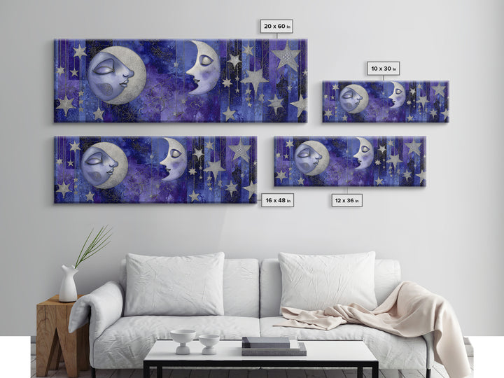 Moon with Sleeping Face and Dangling Stars Framed Canvas Print, Whimsical Art, Watercolor Art, Living Room Decor, Wonder, WHI-3x1-32