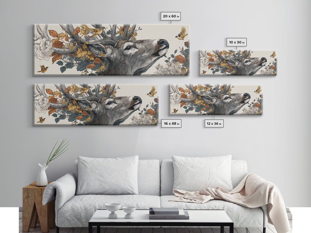 Deer with Antlers Full of Birds Canvas Print, Whimsical Art, Minimalist Decor, Living Room Decor, Wonder, Nursery Wall Art, WHI-3x1-35