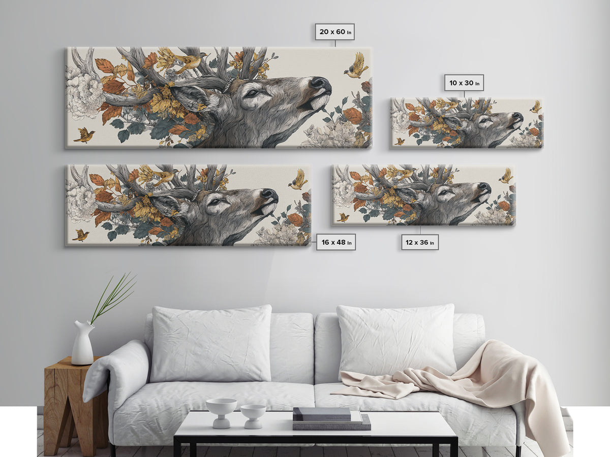 Deer with Antlers Full of Birds Canvas Print, Whimsical Art, Minimalist Decor, Living Room Decor, Wonder, Nursery Wall Art, WHI-3x1-35