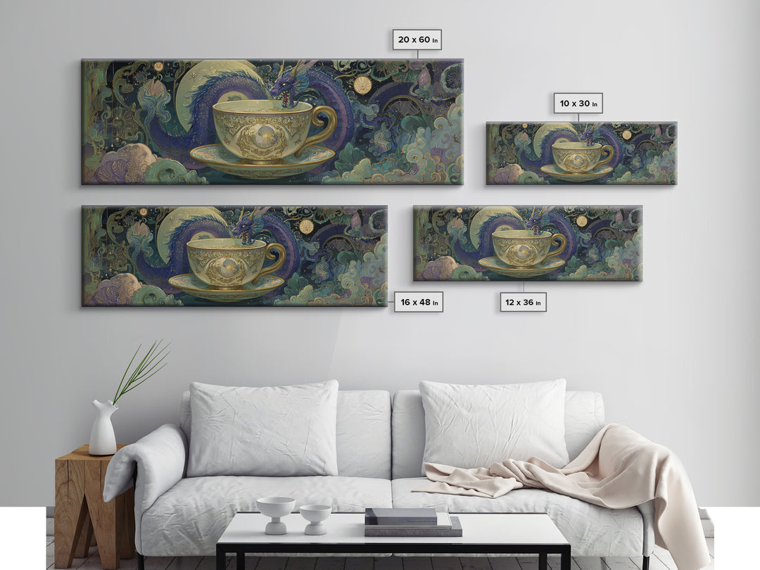 Dragon Curled Around a Teacup Canvas Print, Whimsical Art, Neutral Decor, Living Room Decor, Fine Art, Wonder, Home Decor, WHI-3x1-40