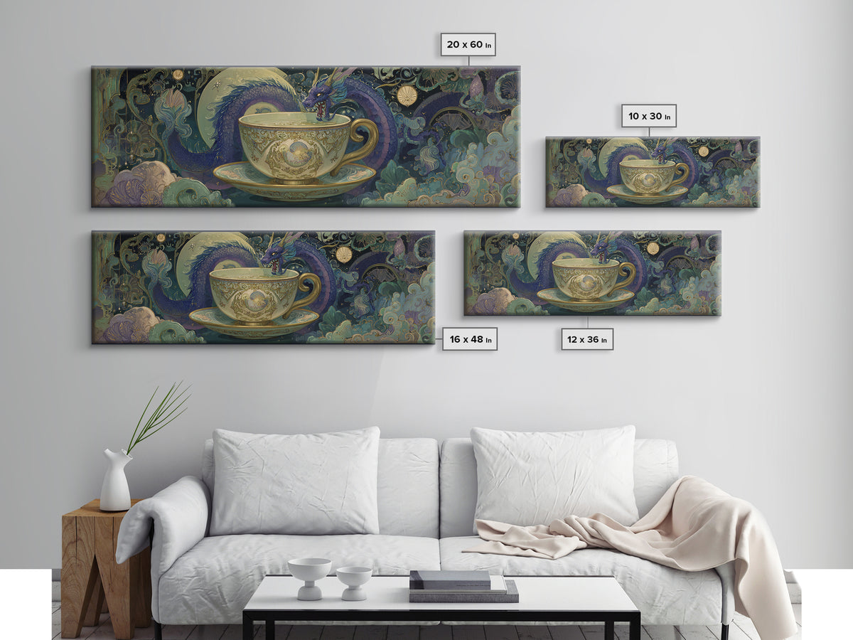 Dragon Curled Around a Teacup Canvas Print, Whimsical Art, Neutral Decor, Living Room Decor, Fine Art, Wonder, Home Decor, WHI-3x1-40