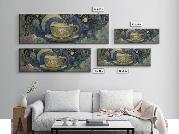 Dragon Curled Around a Teacup Canvas Print, Whimsical Art, Neutral Decor, Living Room Decor, Fine Art, Wonder, Home Decor, WHI-3x1-40