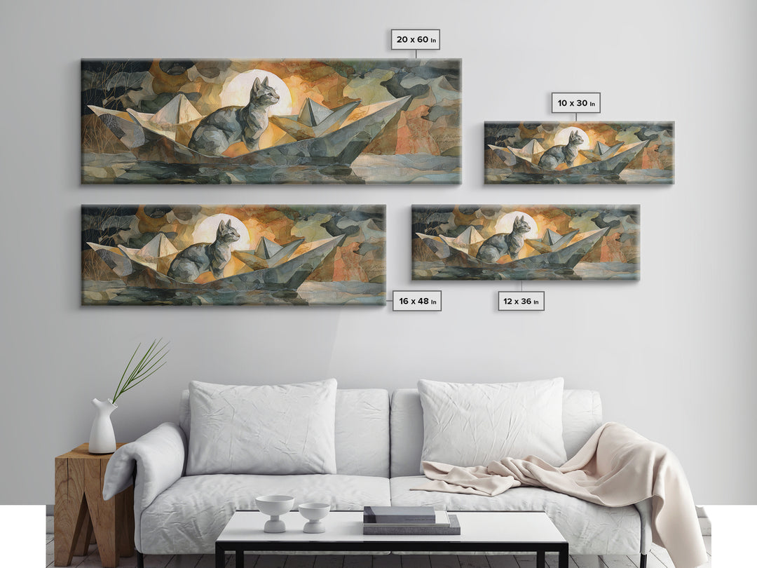 Cat Sailing a Paper Boat Canvas Print, Whimsical Art, Abstract Wall Art, Living Room Decor, Fine Art, Wonder, Neutral Decor, WHI-3x1-42