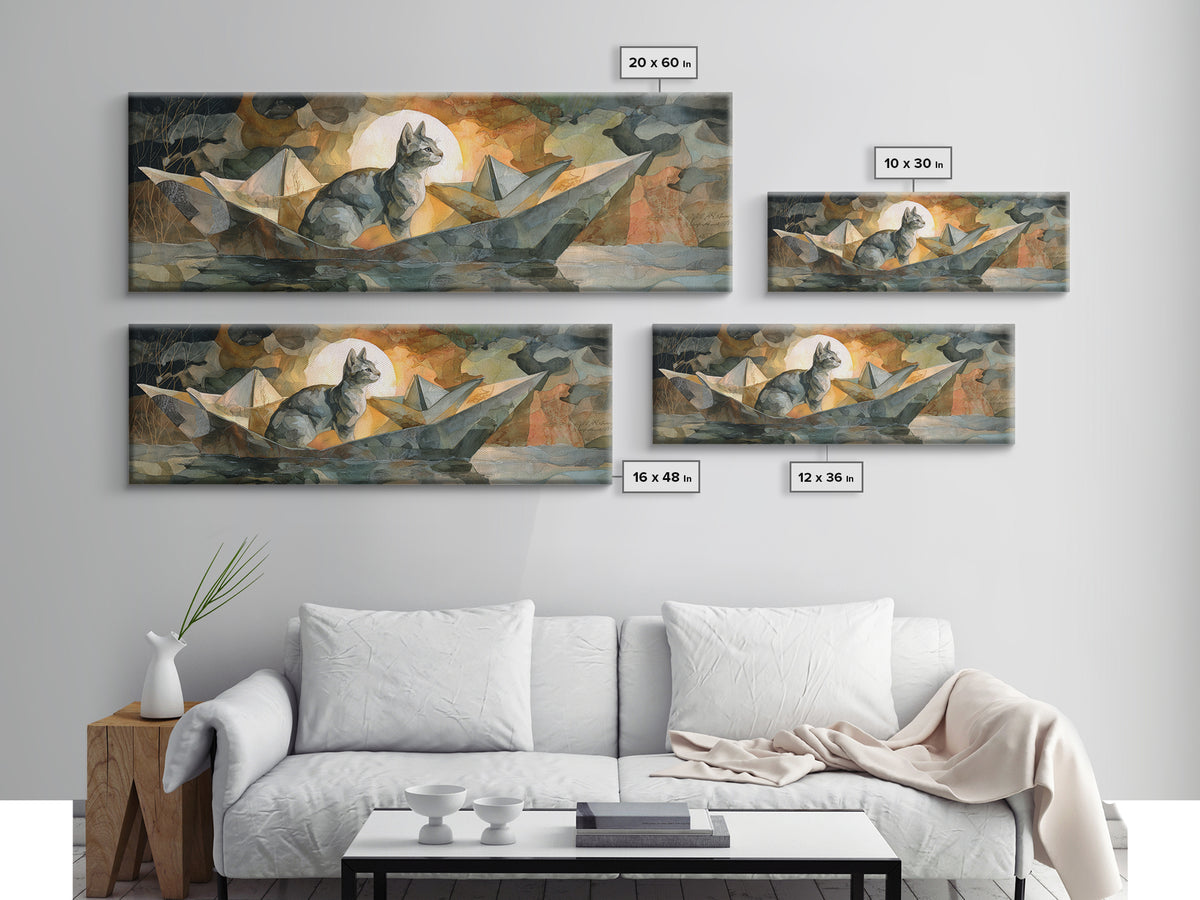 Cat Sailing a Paper Boat Canvas Print, Whimsical Art, Abstract Wall Art, Living Room Decor, Fine Art, Wonder, Neutral Decor, WHI-3x1-42