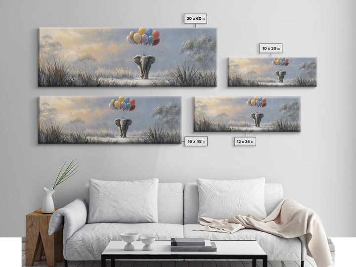 Elephant Holding Balloons Canvas Print, Whimsical Art, Pet Portrait, Living Room Decor, Fine Art, Wonder, Abstract Wall Art, WHI-3x1-43