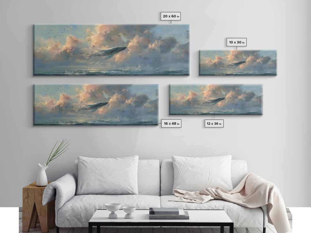 Whale Flying Through Clouds Like Ocean Framed Canvas Print, Whimsical Art, Printable Art, Living Room Decor, Watercolor Art, WHI-3x1-5