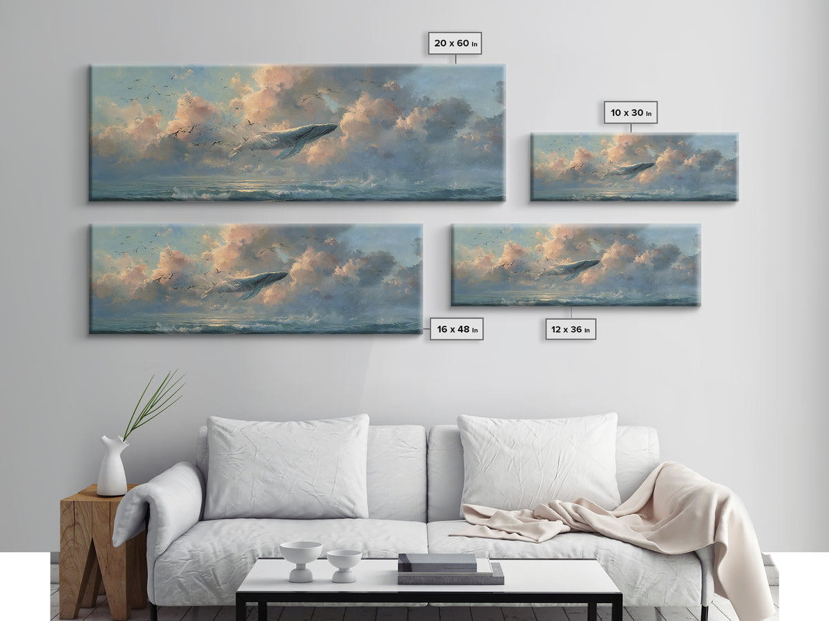 Whale Flying Through Clouds Like Ocean Framed Canvas Print, Whimsical Art, Printable Art, Living Room Decor, Watercolor Art, WHI-3x1-5