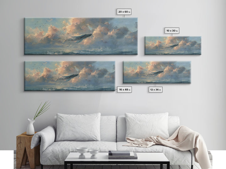 Whale Flying Through Clouds Like Ocean Framed Canvas Print, Whimsical Art, Printable Art, Living Room Decor, Watercolor Art, WHI-3x1-5