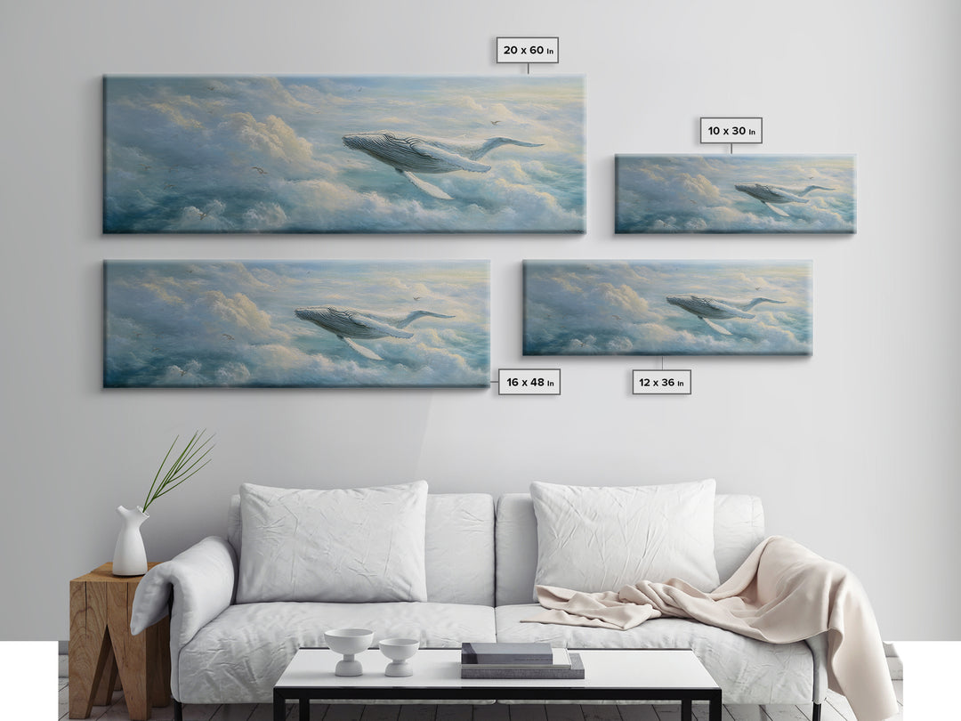 Whale Flying Through Clouds Like Ocean Framed Canvas Print, Whimsical Art, Nursery Art, Living Room Decor, Oil Painting, Wonder, WHI-3x1-53