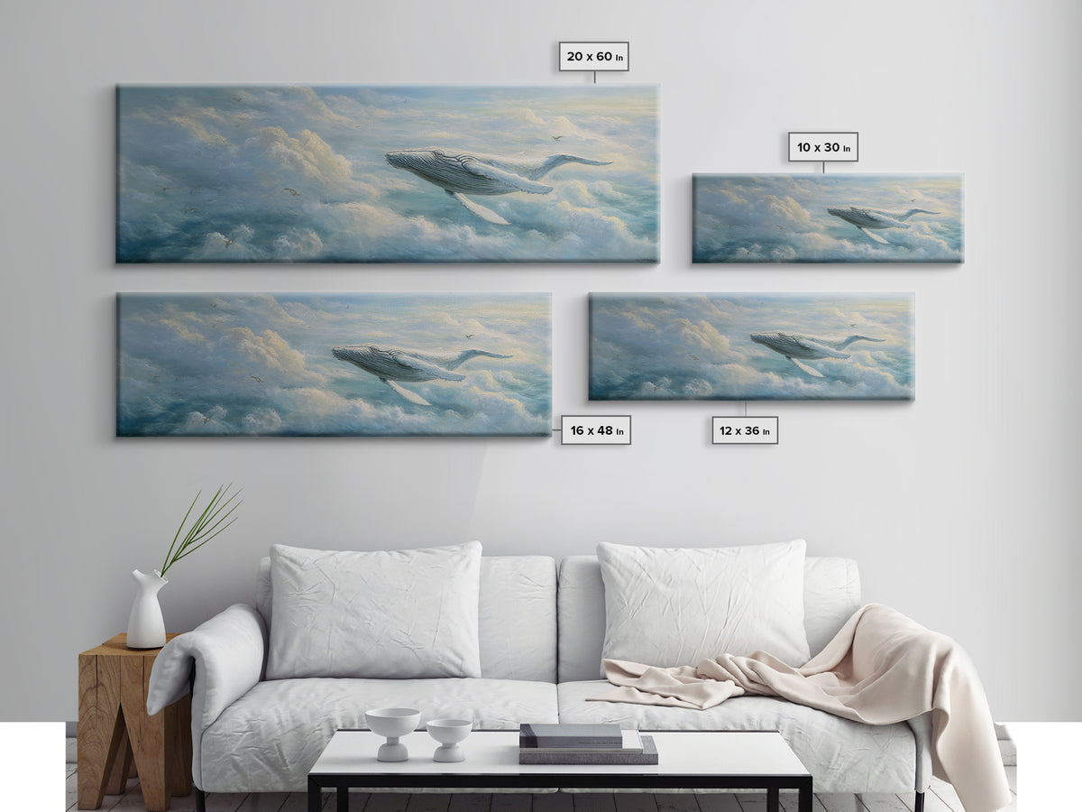 Whale Flying Through Clouds Like Ocean Framed Canvas Print, Whimsical Art, Nursery Art, Living Room Decor, Oil Painting, Wonder, WHI-3x1-53