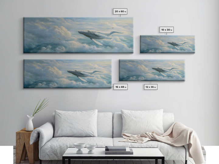 Whale Flying Through Clouds Like Ocean Framed Canvas Print, Whimsical Art, Nursery Art, Living Room Decor, Oil Painting, Wonder, WHI-3x1-53