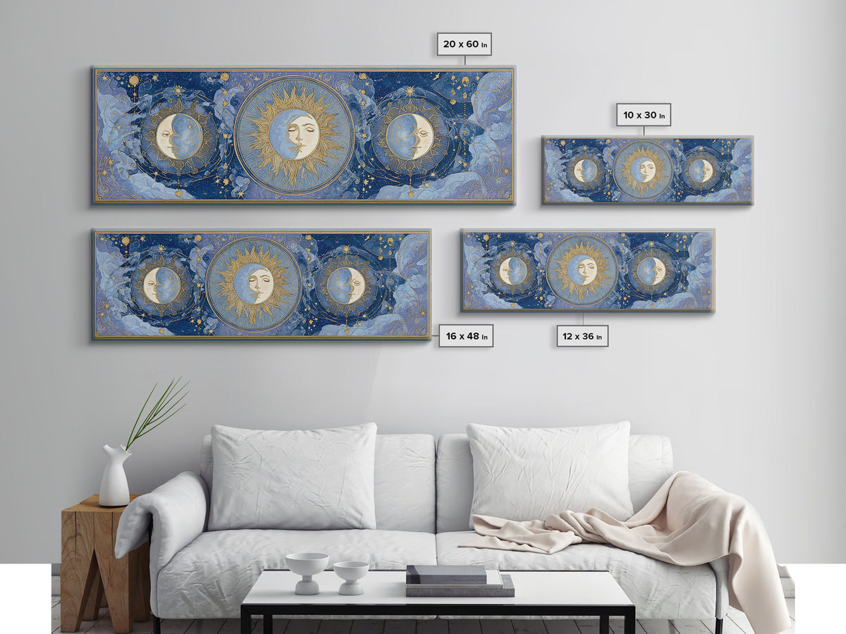 Moon with Sleeping Face and Dangling Stars Framed Canvas Print, Whimsical Art, Minimalist Decor, Living Room Decor, Wonder, WHI-3x1-56