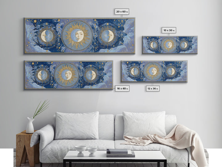 Moon with Sleeping Face and Dangling Stars Framed Canvas Print, Whimsical Art, Minimalist Decor, Living Room Decor, Wonder, WHI-3x1-56