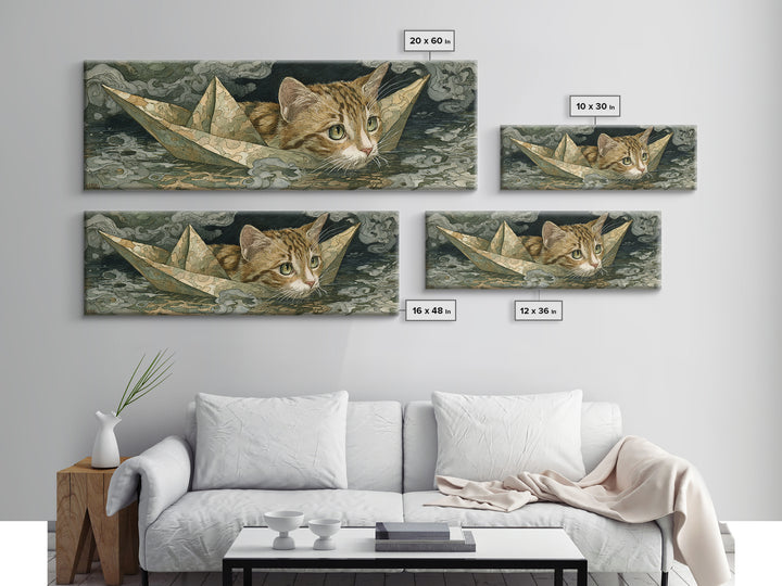 Cat Sailing a Paper Boat Canvas Print, Whimsical Art, Abstract Wall Art, Living Room Decor, Fine Art, Wonder, Neutral Decor, WHI-3x1-66