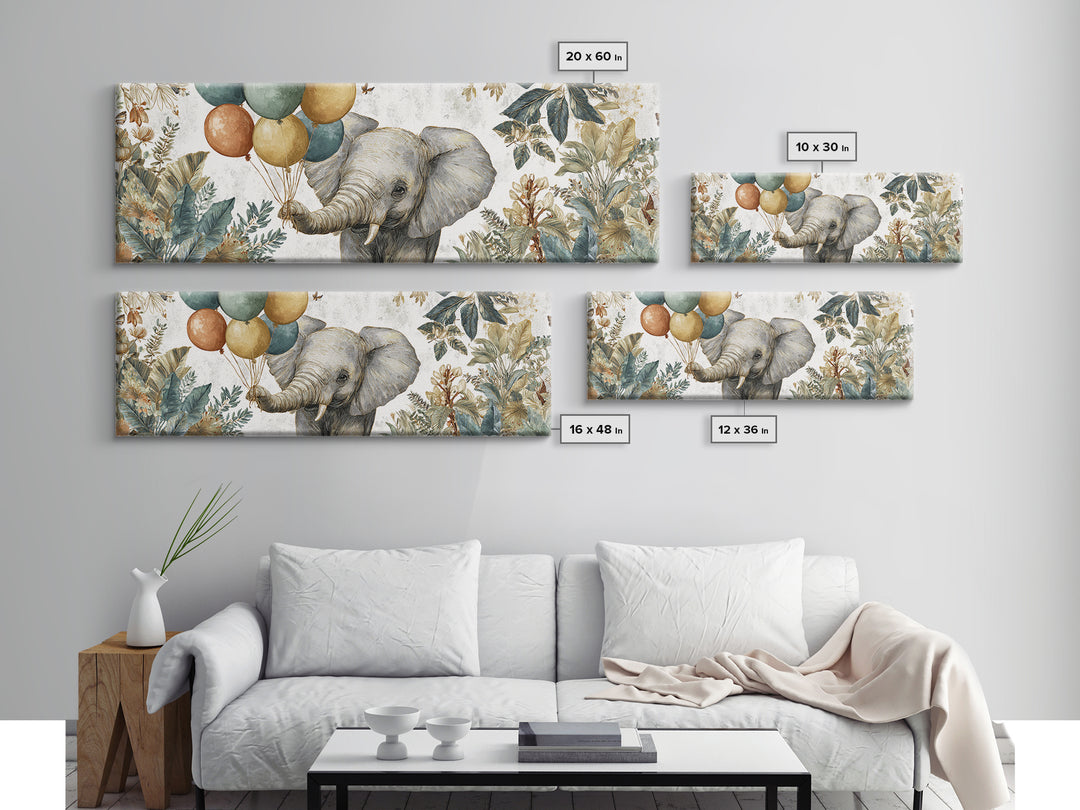 Elephant Holding Balloons Framed Canvas Print, Whimsical Art, Art Nouveau, Living Room Decor, Abstract Art, Wonder, WHI-3x1-67