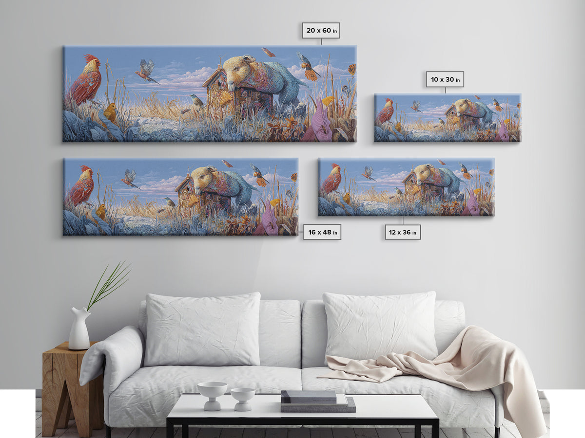 Floating House Carried by Colorful Birds Canvas Print, Whimsical Art, Framed Wall Art, Living Room Decor, Fine Art, Wonder, WHI-3x1-71