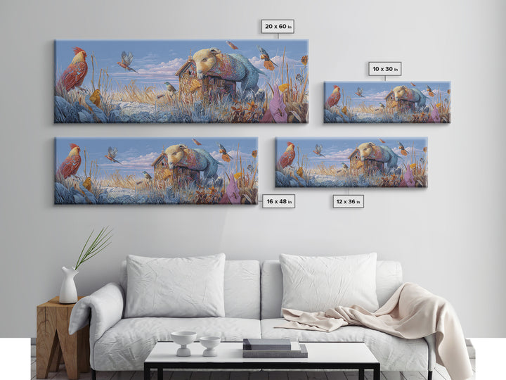 Floating House Carried by Colorful Birds Canvas Print, Whimsical Art, Framed Wall Art, Living Room Decor, Fine Art, Wonder, WHI-3x1-71