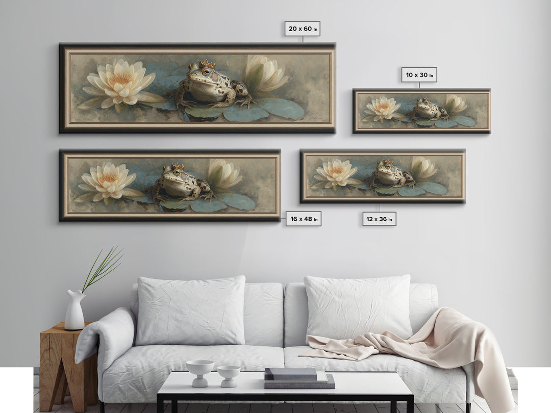 Frog Prince on a Lily Pad Framed Canvas Print, Whimsical Art, Wall Decor, Living Room Decor, Fine Art, Wonder, Printable Art, WHI-3x1-72