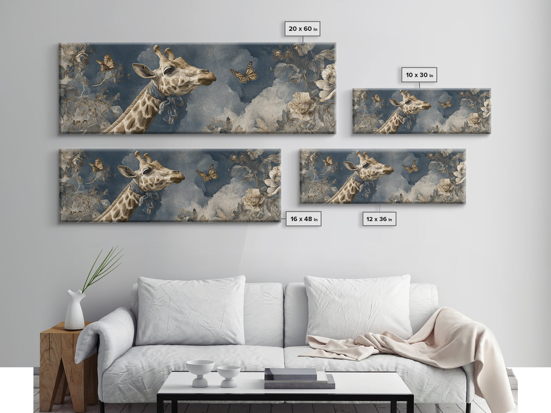 Giraffe with Scarf and Butterflies Framed Canvas Print, Whimsical Art, Dopamine Decor, Living Room Decor, Oil Painting, Wonder, WHI-3x1-74