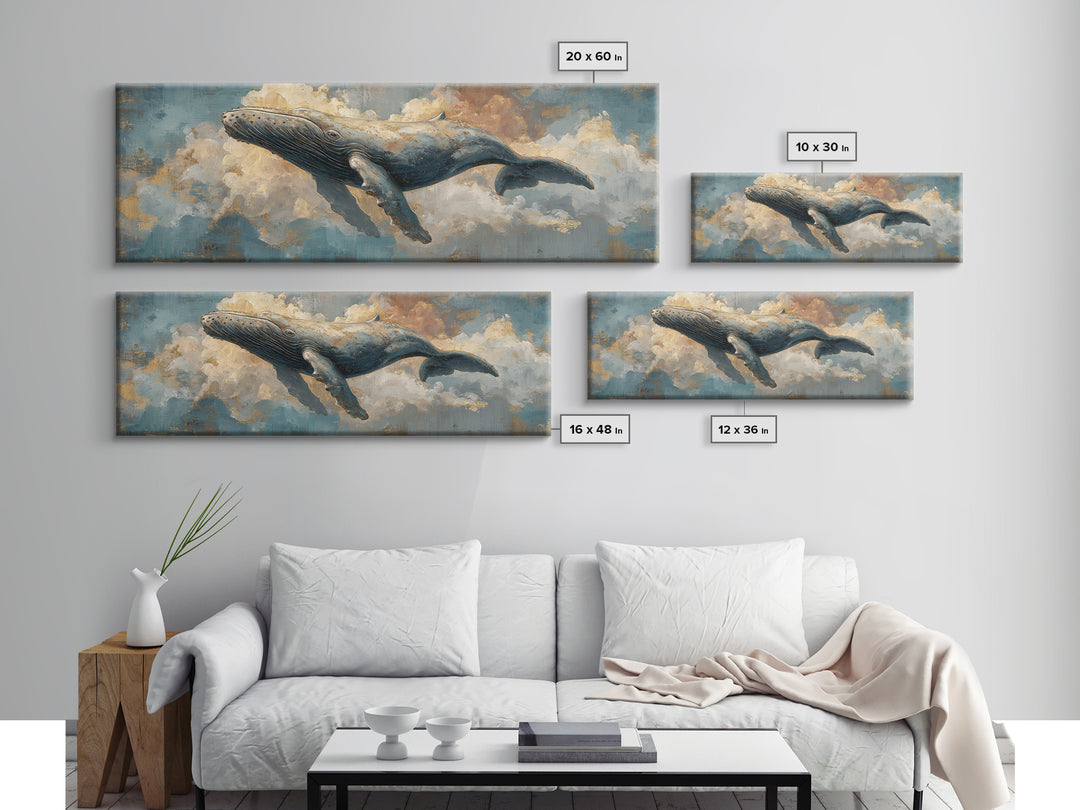 Whale Flying Through Clouds Like Ocean Framed Canvas Print, Whimsical Art, Nursery Art, Living Room Decor, Oil Painting, Wonder, WHI-3x1-77