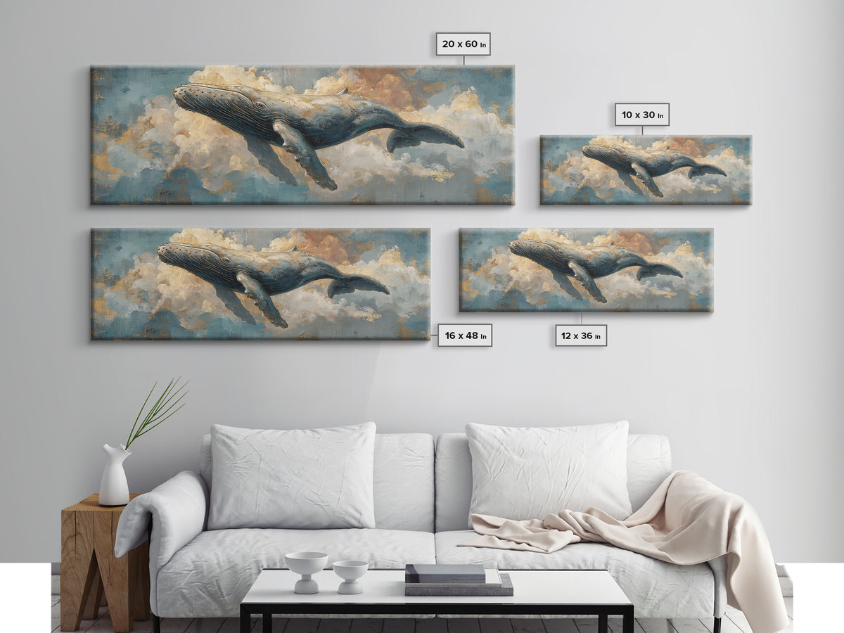 Whale Flying Through Clouds Like Ocean Framed Canvas Print, Whimsical Art, Nursery Art, Living Room Decor, Oil Painting, Wonder, WHI-3x1-77