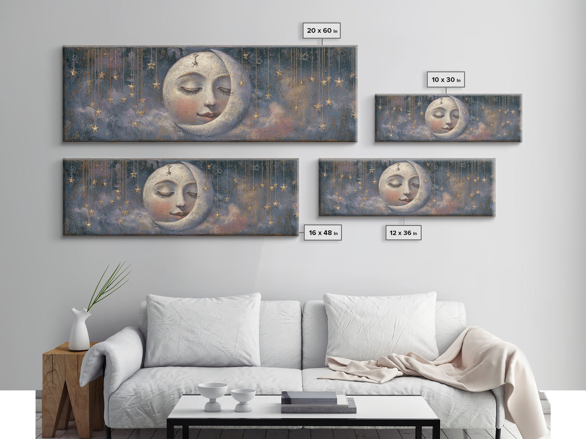 Moon with Sleeping Face and Dangling Stars Canvas Print, Whimsical Art, Art Print, Living Room Decor, Fine Art, Wonder, WHI-3x1-80