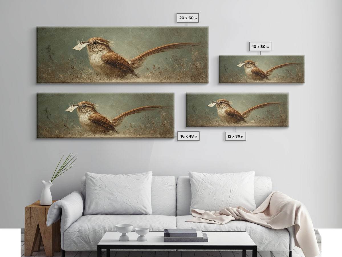 Bird Delivering a Tiny Love Letter Framed Canvas Print, Whimsical Art, Nursery Wall Art, Living Room Decor, Fine Art, Wonder, WHI-3x1-87