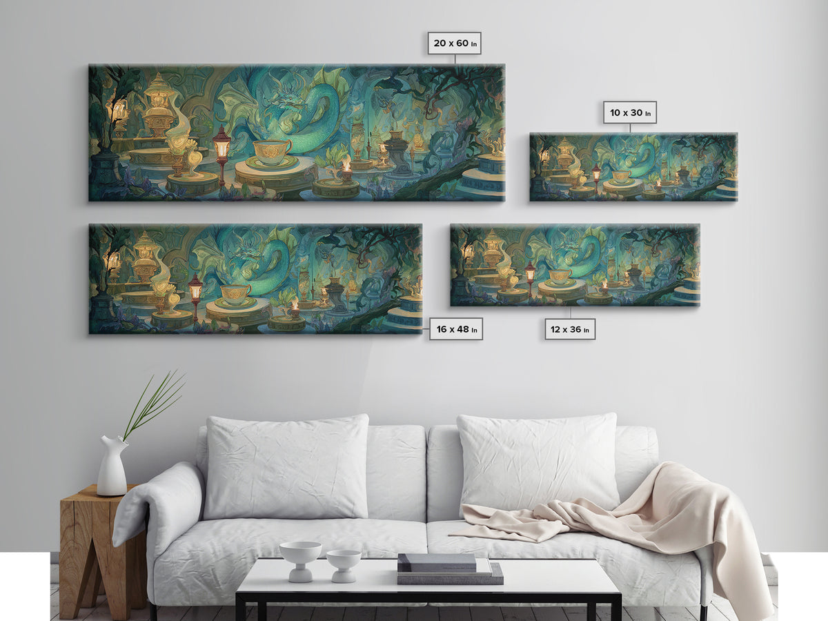 Dragon Curled Around a Teacup Canvas Print, Whimsical Art, Wall Art, Living Room Decor, Oil Painting, Wonder, Framed Wall Art, WHI-3x1-88