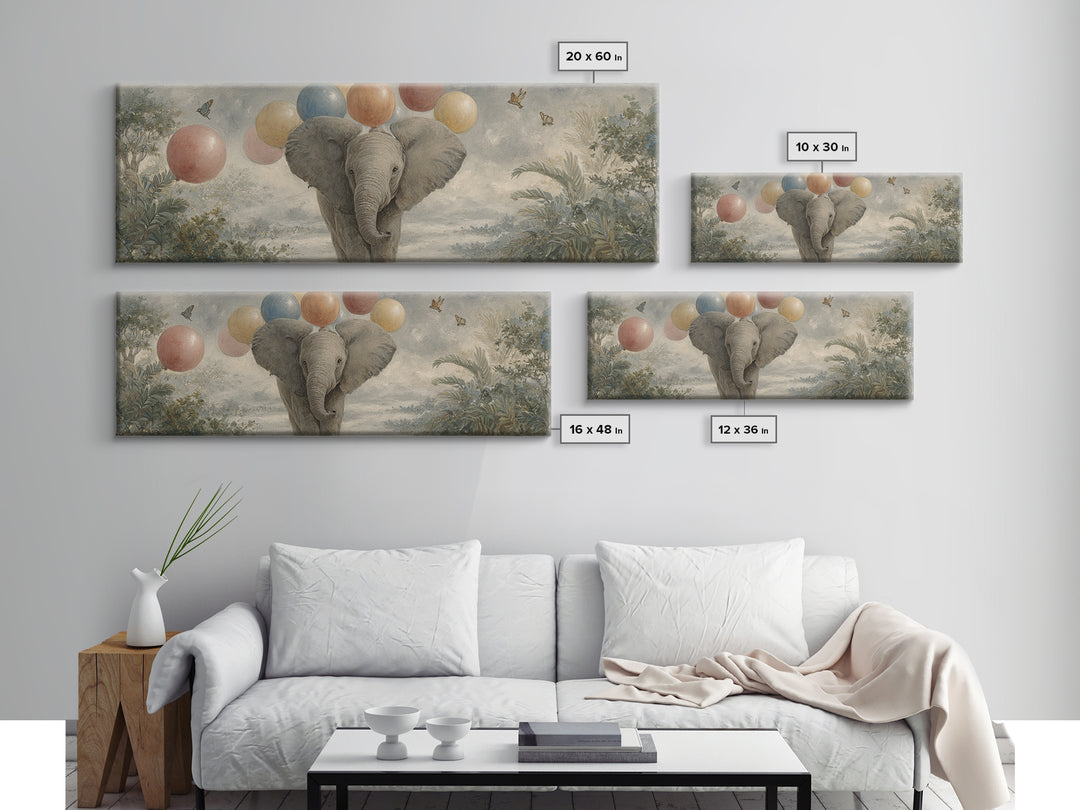 Elephant Holding Balloons Canvas Print, Whimsical Art, Pet Portrait, Living Room Decor, Fine Art, Wonder, Abstract Wall Art, WHI-3x1-91