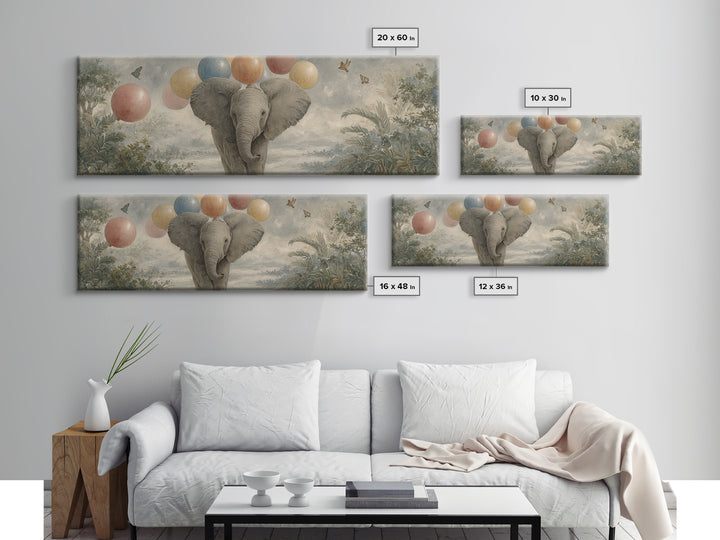 Elephant Holding Balloons Canvas Print, Whimsical Art, Pet Portrait, Living Room Decor, Fine Art, Wonder, Abstract Wall Art, WHI-3x1-91