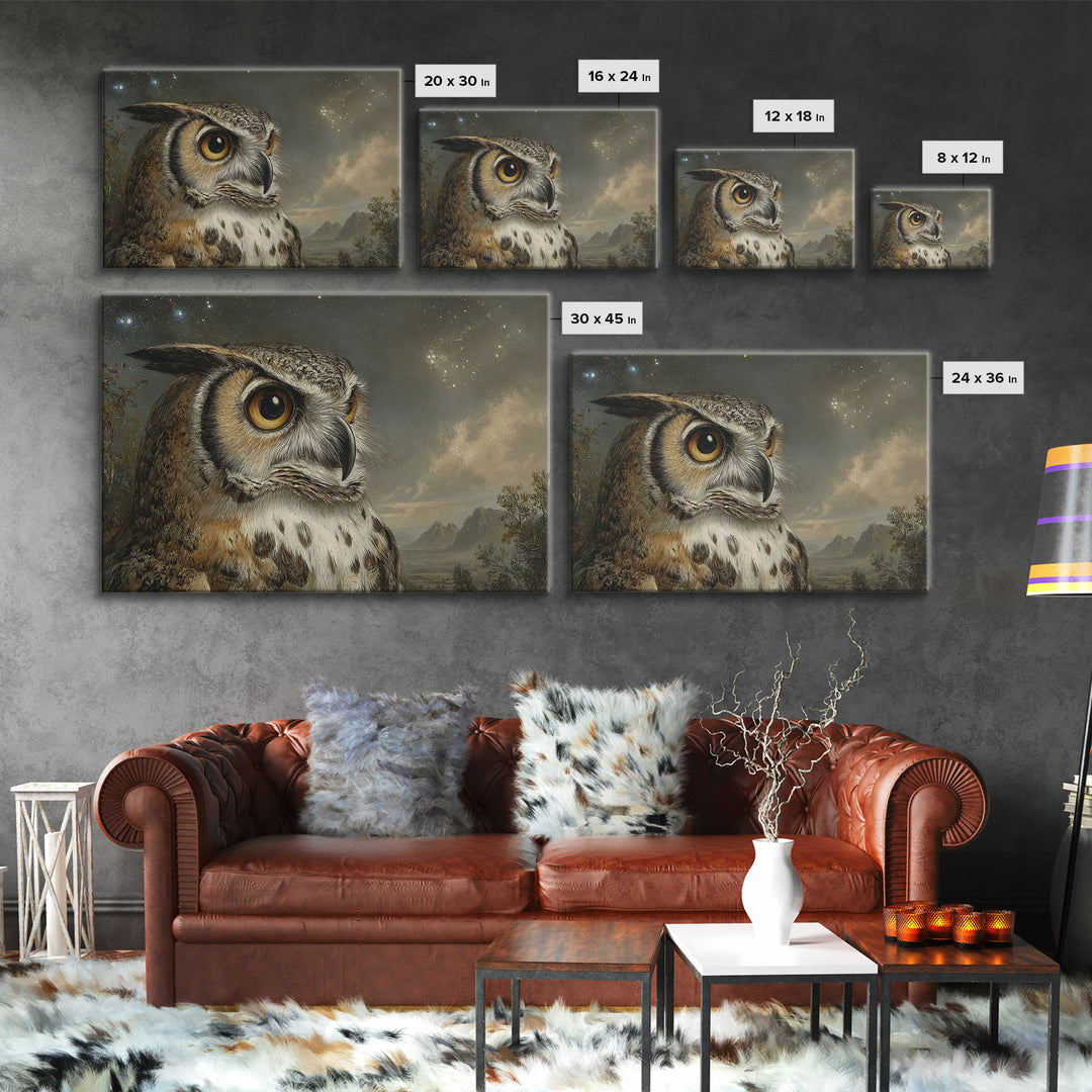 Owl Wearing Spectacles Among Stars Framed Canvas Print, Whimsical Art, Nursery, Living Room Decor, Wonder, Watercolor Art, WHI-3x2-10