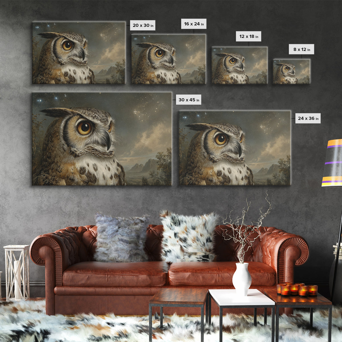Owl Wearing Spectacles Among Stars Framed Canvas Print, Whimsical Art, Nursery, Living Room Decor, Wonder, Watercolor Art, WHI-3x2-10