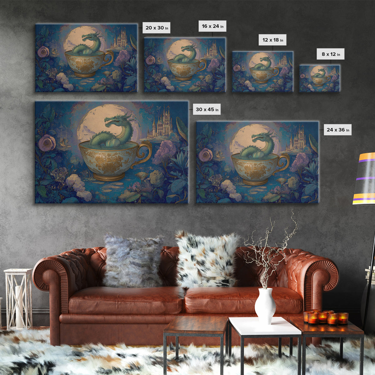 Dragon Curled Around a Teacup Framed Canvas Print, Whimsical Art, Wall Art, Living Room Decor, Oil Painting, Wonder, WHI-3x2-100