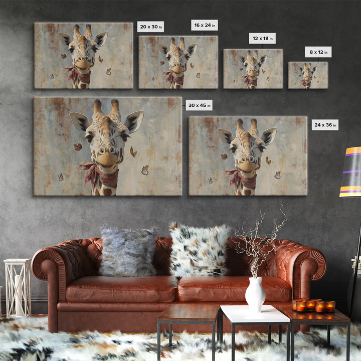 Giraffe with Scarf and Butterflies Framed Canvas Print, Whimsical Art, Framed Wall Art, Living Room Decor, Fine Art, Wonder, WHI-3x2-14