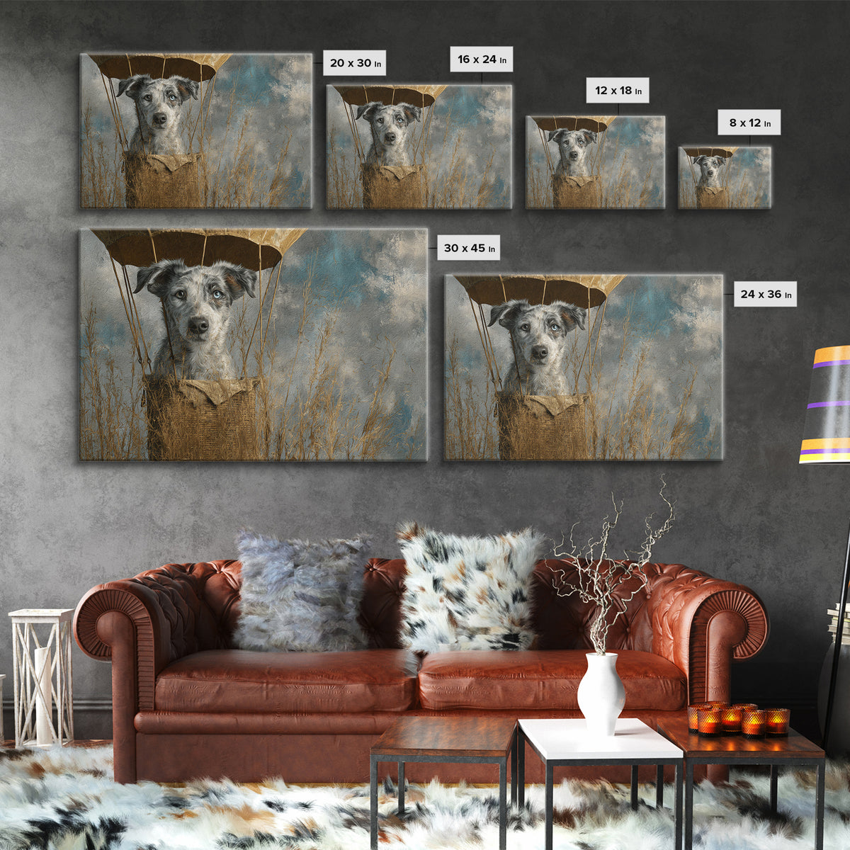 Dog in a Hot Air Balloon Framed Canvas Print, Whimsical Art, Digital Print, Living Room Decor, Fine Art, Wonder, Bird Art, WHI-3x2-18