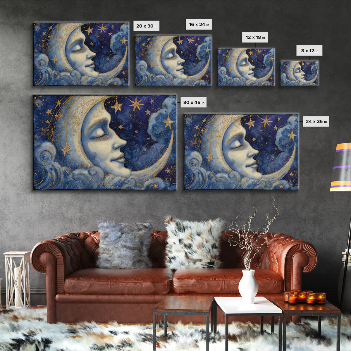 Moon with Sleeping Face and Dangling Stars Canvas Print, Whimsical Art, Nursery Wall Decor, Living Room Decor, Wonder, WHI-3x2-20
