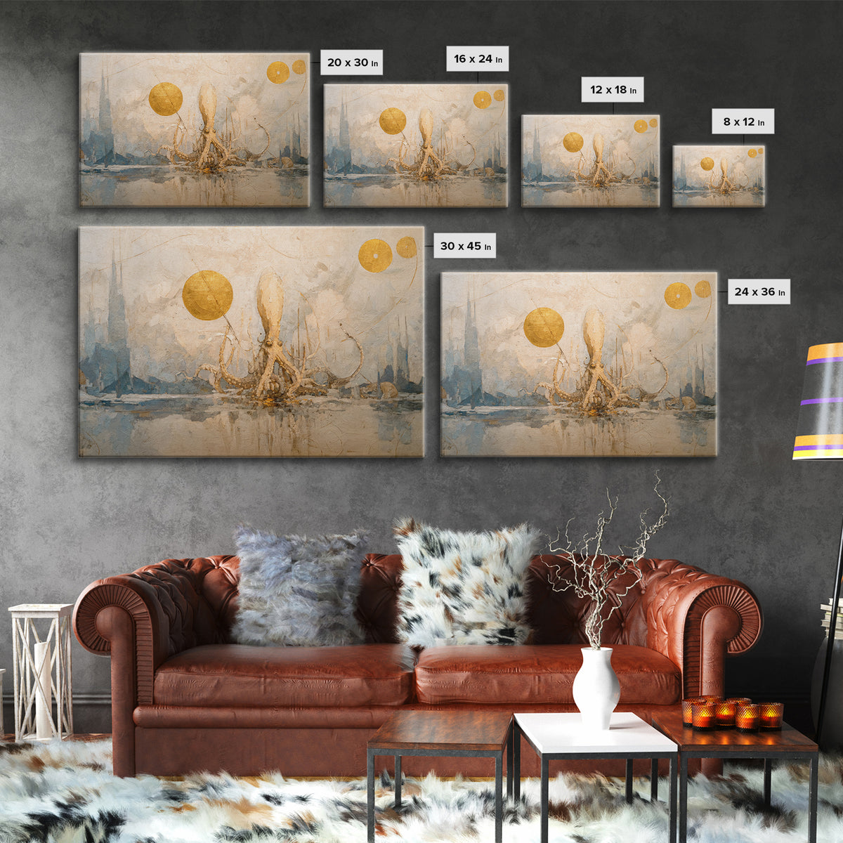 Octopus Conductor with Tiny Instruments Canvas Print, Whimsical Art, Whimsical, Living Room Decor, Oil Painting, Wonder, WHI-3x2-22