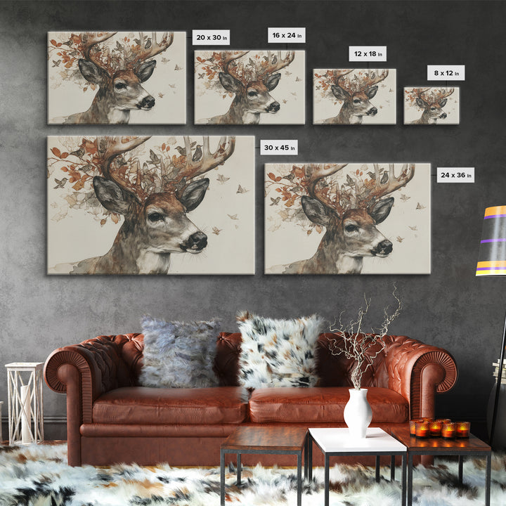 Deer with Antlers Full of Birds Framed Canvas Print, Whimsical Art, Nursery Art, Living Room Decor, Fine Art, Wonder, WHI-3x2-23