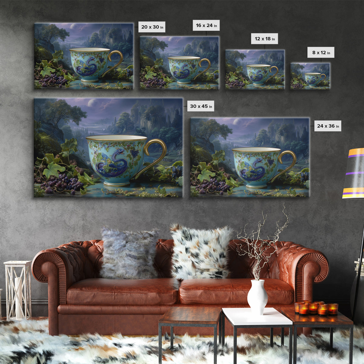 Dragon Curled Around a Teacup Framed Canvas Print, Whimsical Art, Dark Academia Decor, Living Room Decor, Fine Art, Wonder, WHI-3x2-28