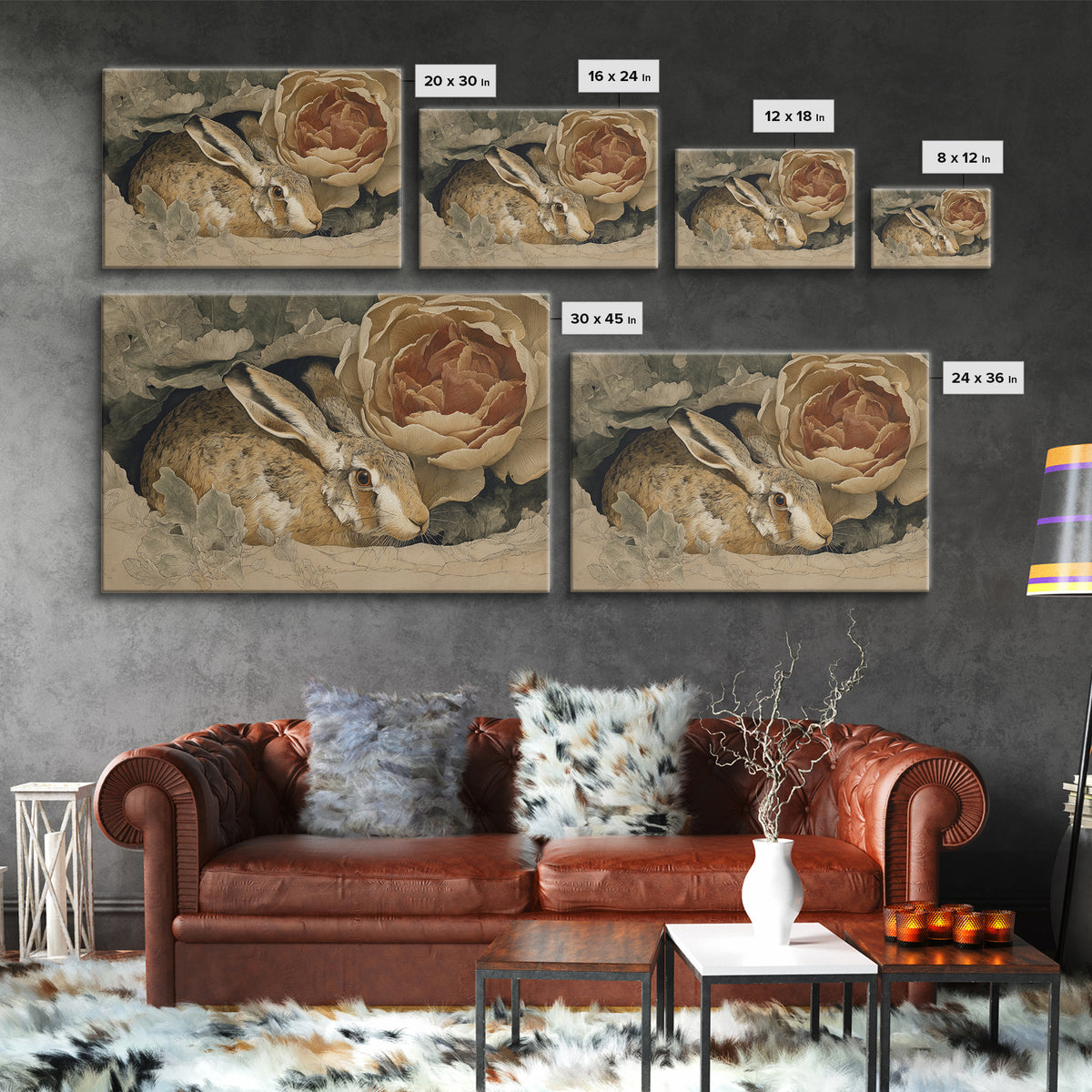 Rabbit Reading Beneath a Giant Flower Canvas Print, Whimsical Art, Cat Art, Living Room Decor, Watercolor Art, Wonder, WHI-3x2-33