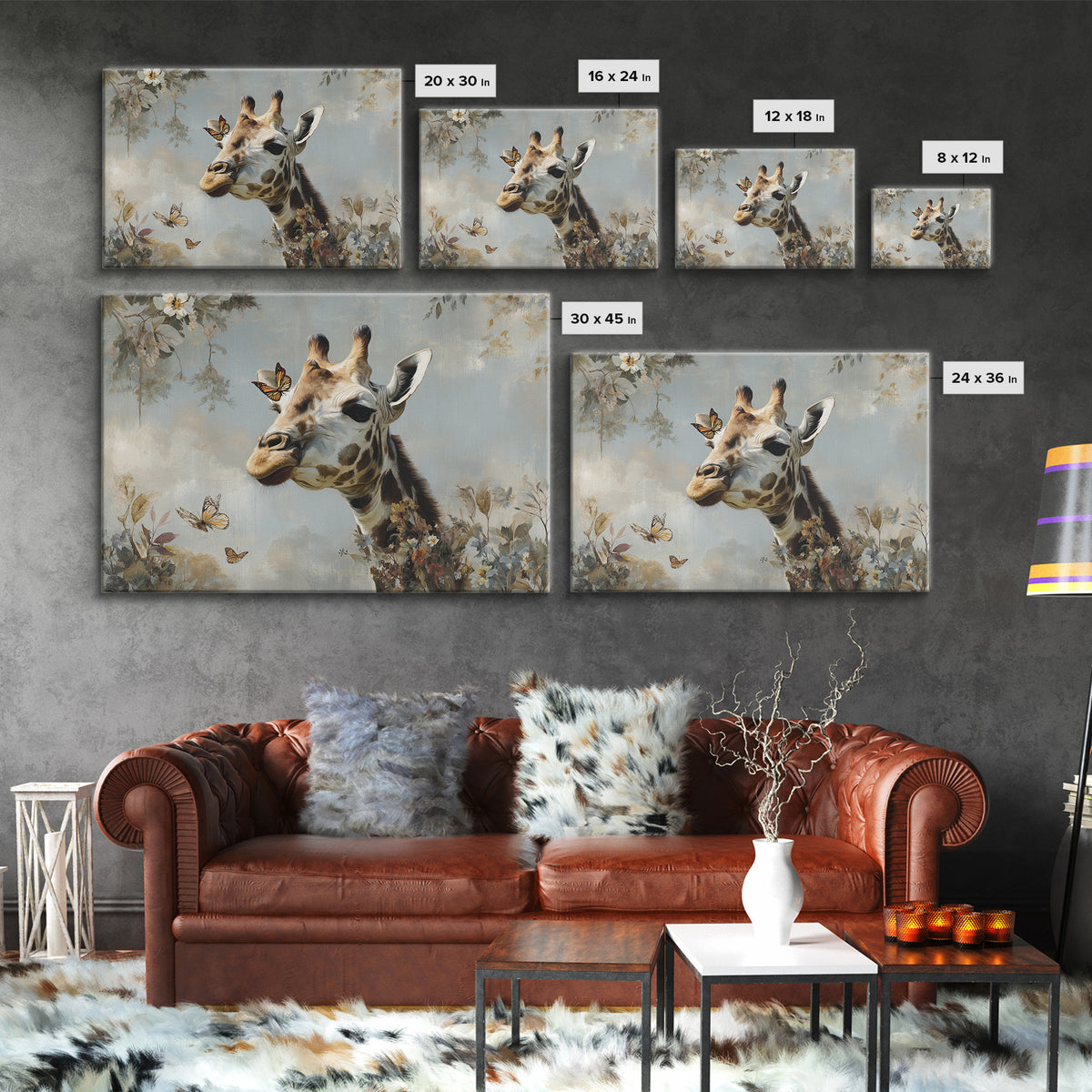 Giraffe with Scarf and Butterflies Canvas Print, Whimsical Art, Living Room Decor, Wonder, Gallery Decor, Neutral Decor, WHI-3x2-38