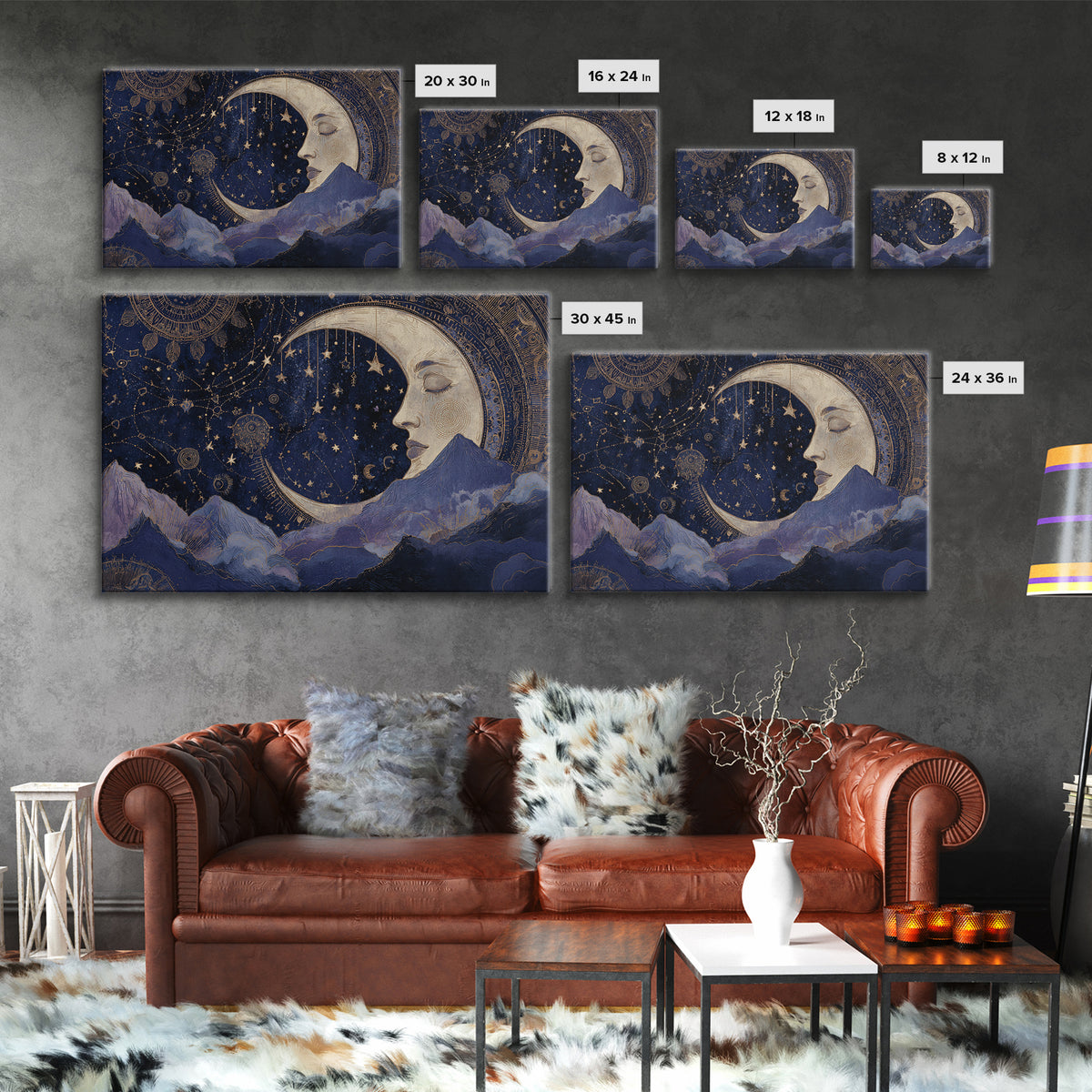 Moon with Sleeping Face and Dangling Stars Canvas Print, Whimsical Art, Watercolor Art, Living Room Decor, Fine Art, Wonder, WHI-3x2-44