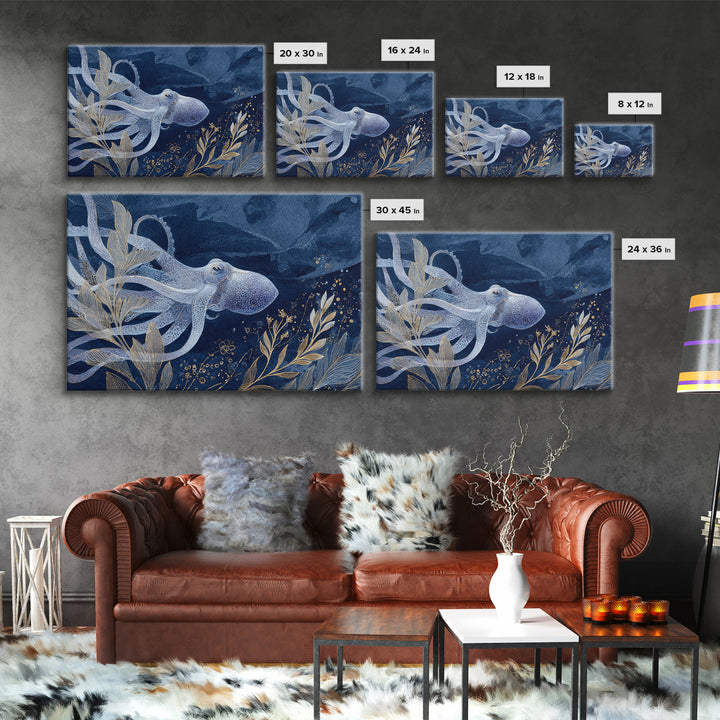 Octopus Conductor with Tiny Instruments Framed Canvas Print, Whimsical Art, Dark Academia Decor, Living Room Decor, Wonder, WHI-3x2-46