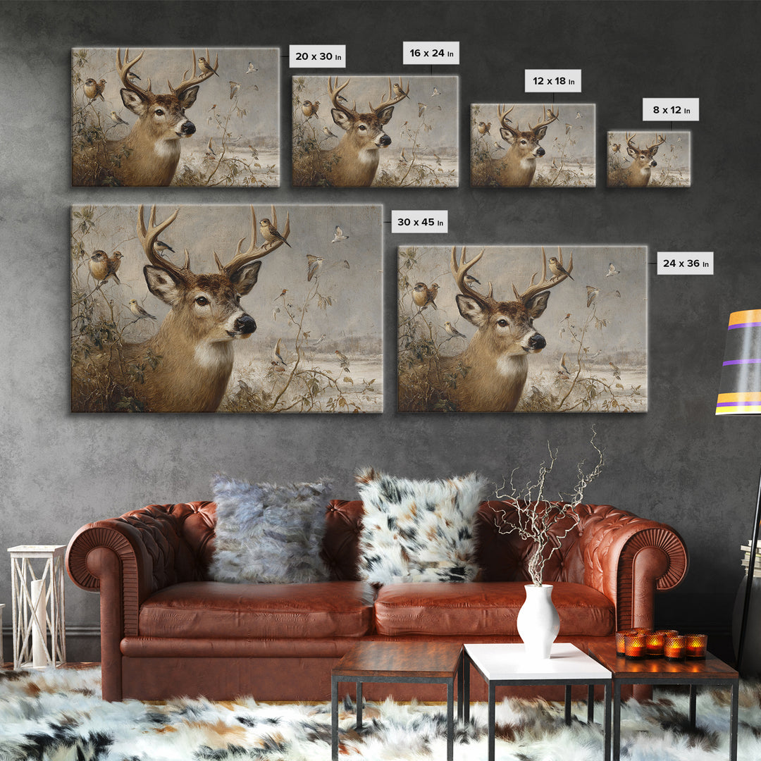 Deer with Antlers Full of Birds Framed Canvas Print, Whimsical Art, Printable Wall Art, Living Room Decor, Oil Painting, Wonder, WHI-3x2-47