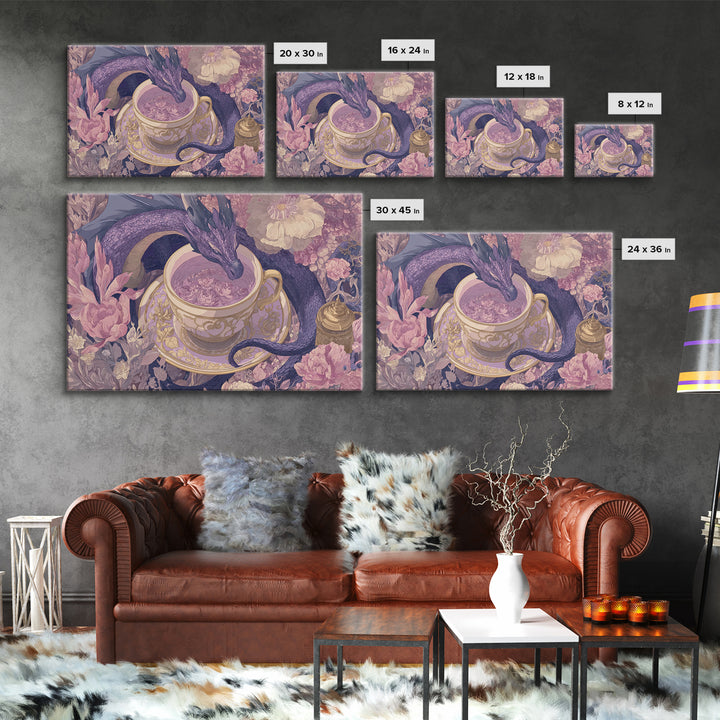 Dragon Curled Around a Teacup Canvas Print, Whimsical Art, Bird Art, Living Room Decor, Abstract Art, Wonder, Textured Painting, WHI-3x2-52