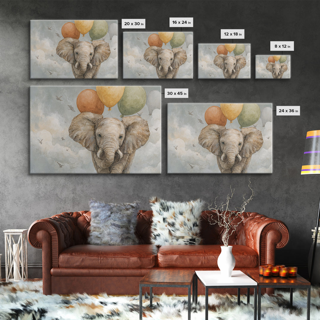 Elephant Holding Balloons Framed Canvas Print, Whimsical Art, Whimsical, Living Room Decor, Oil Painting, Wonder, Nursery Art, WHI-3x2-55