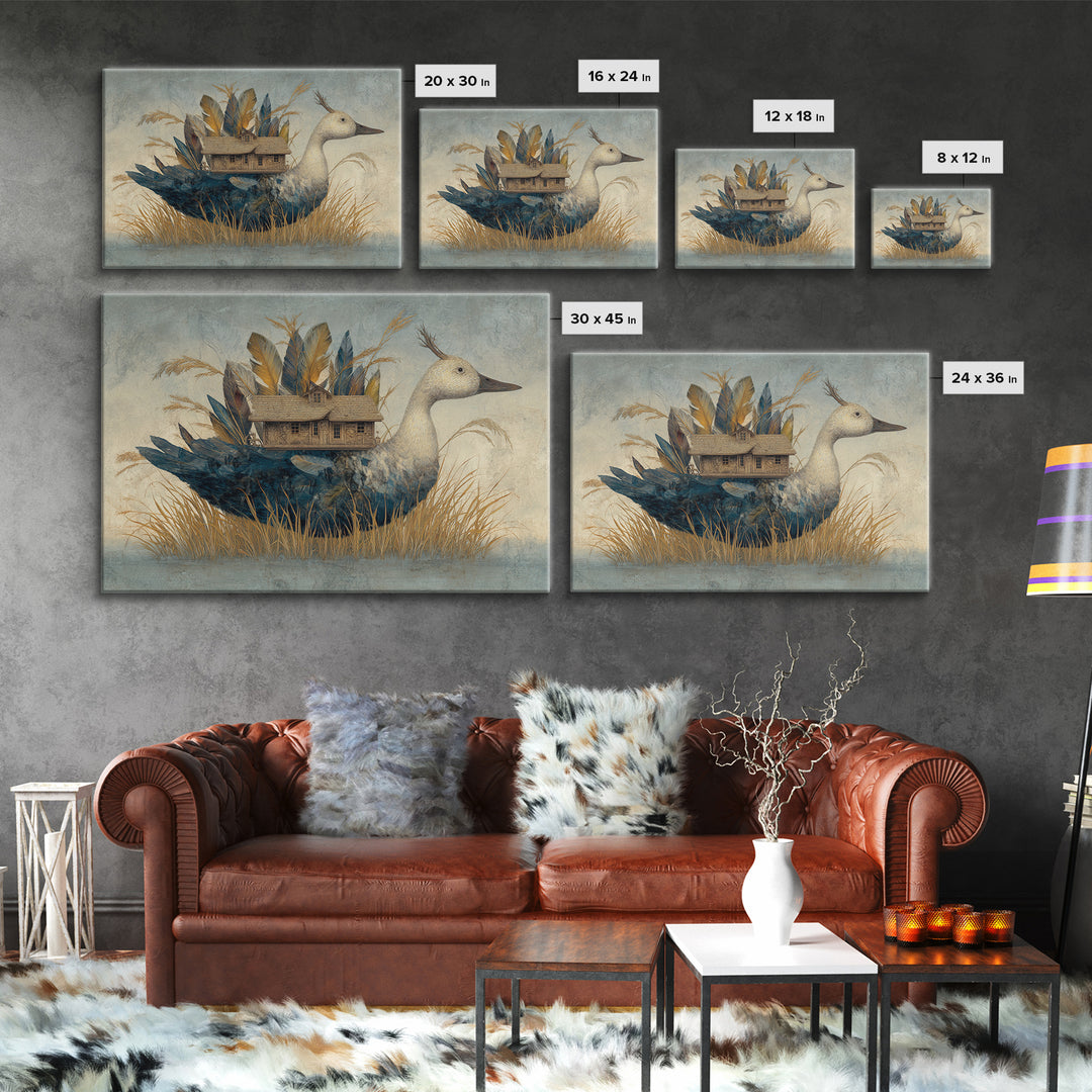 Floating House Carried by Colorful Birds Framed Canvas Print, Whimsical Art, Living Room Decor, Oil Painting, Wonder, WHI-3x2-59