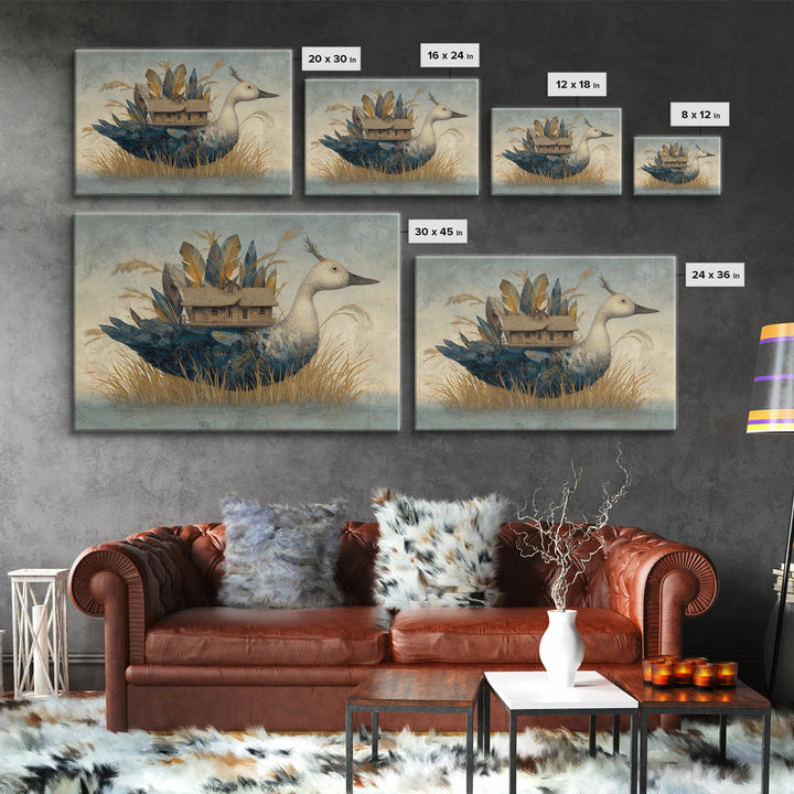 Floating House Carried by Colorful Birds Framed Canvas Print, Whimsical Art, Living Room Decor, Oil Painting, Wonder, WHI-3x2-59