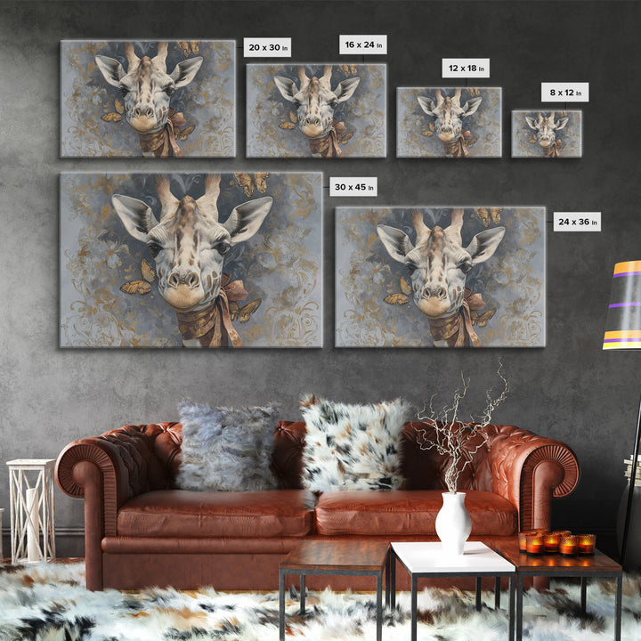 Giraffe with Scarf and Butterflies Canvas Print, Whimsical Art, Living Room Decor, Wonder, Gallery Decor, Neutral Decor, WHI-3x2-62